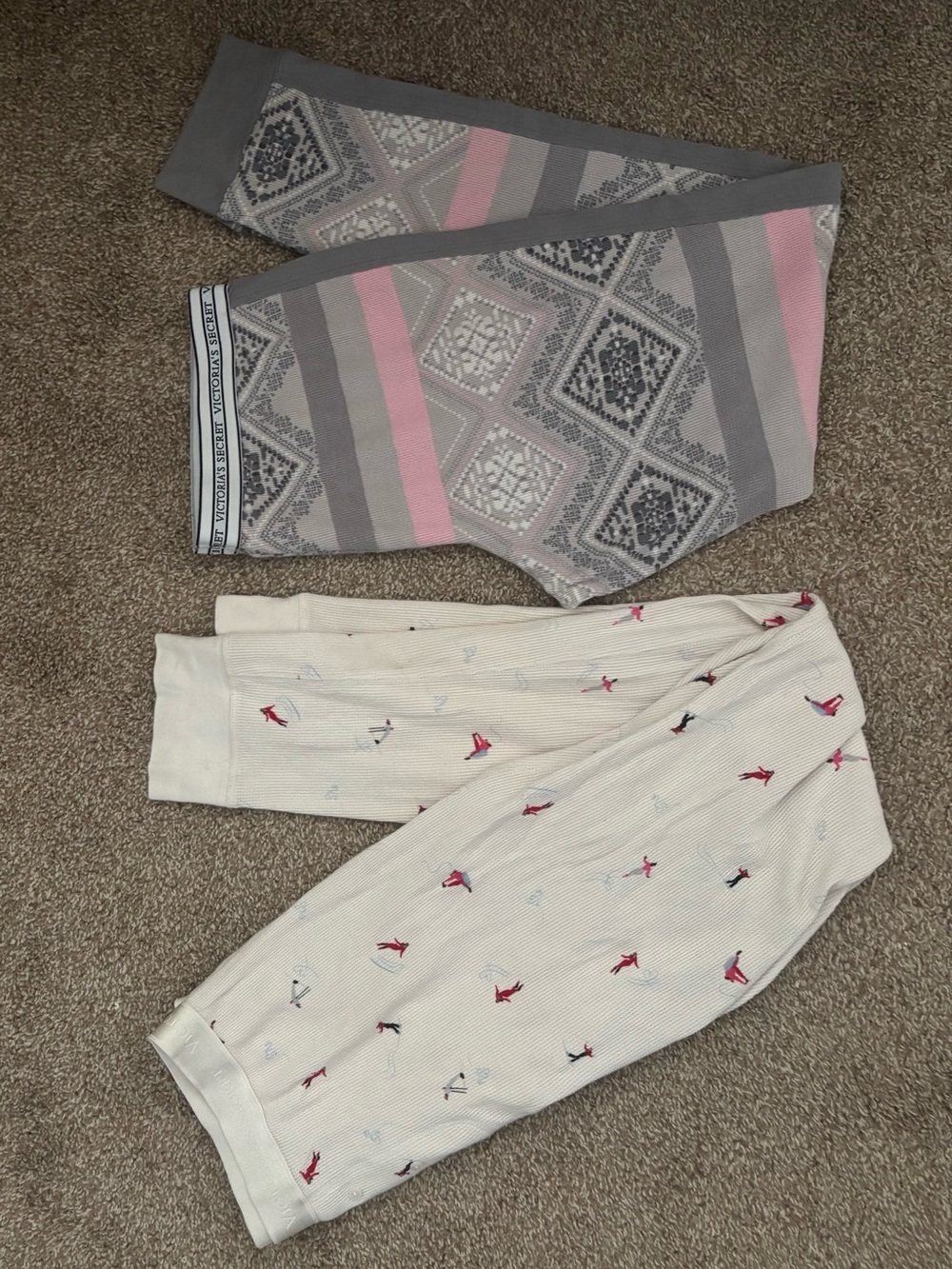 Striped Gray & Pink Lounge Leggings + Cream Ski Print Pants Set